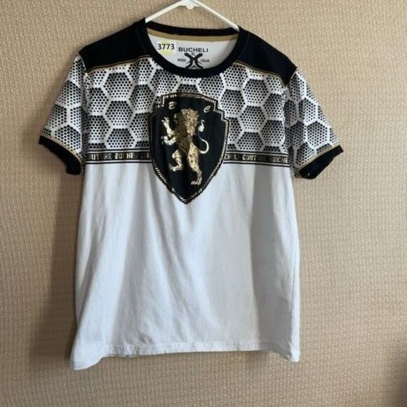 Bucheli Italian Print Shiny Gold Lion Chest Logo Short Sleev T-Shirt Men Size XL - Picture 8 of 11